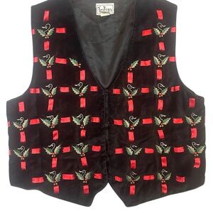 Vtg 90s Christmas Black Velvet Novelty Vest XL Grannycore Festive Holiday Party